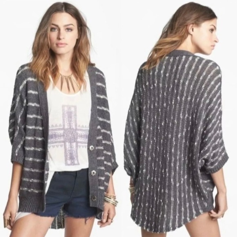 Free People Rabbit Moon Oversized Striped Cardigan Sweater in Grey